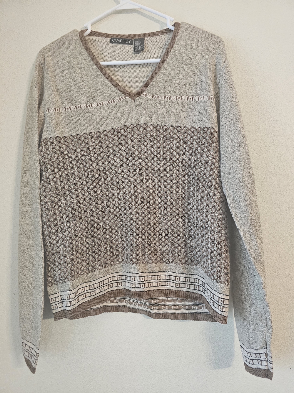 Co & Eddy Women's V-Neck Knit Sweater in Beige and Brown